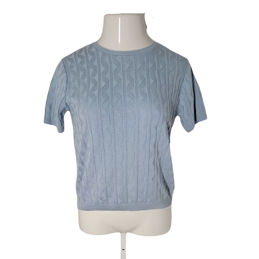 Alfred Dunner Cute Classy Knit Blouse ~ Sz PM ~ Blue ~ Short Sleeve